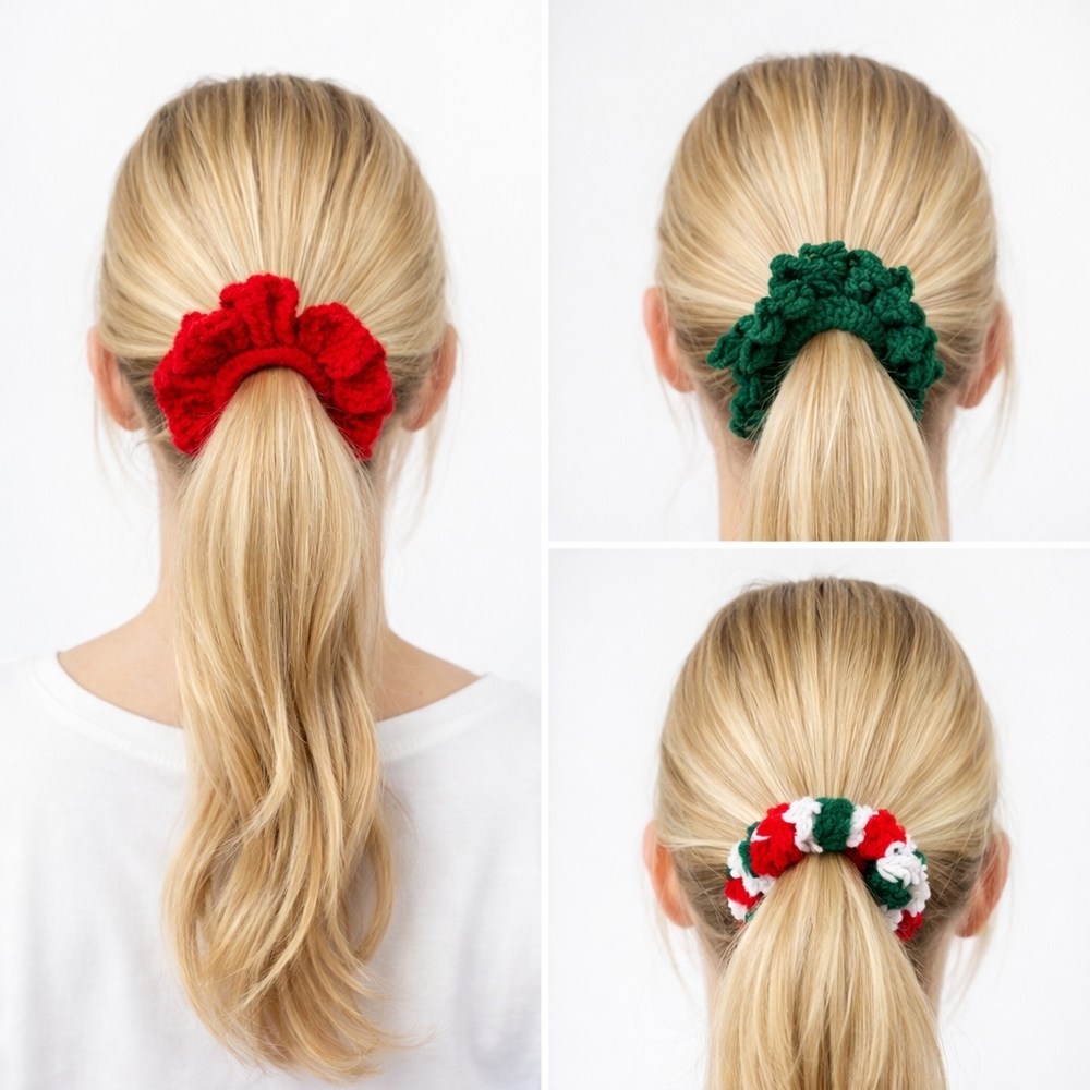Handmade Textured Crocheted Scrunchies Ponytail Holder Hair Tie Set Of 3 - New